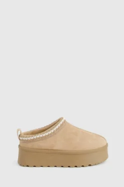 Cosy Boots*boohoo Embroidered Platform Cosy Mules sand