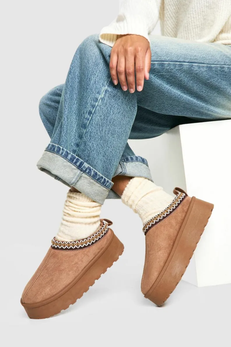 Cosy Boots|All Boots*boohoo Embroidered Platform Cosy Mules mocha