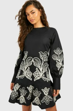 Smock Dresses*boohoo Embroidered Poplin Mini Dress black