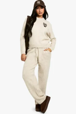 Knitted Co-Ords*boohoo Embroidered Star Detail Oversized Crew Neck Knitted Jumper And Wide Leg Trouser Tracksuit cream