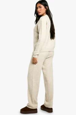 Knitted Co-Ords*boohoo Embroidered Star Detail Oversized Crew Neck Knitted Jumper And Wide Leg Trouser Tracksuit cream
