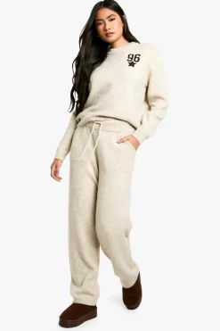 Knitted Co-Ords*boohoo Embroidered Star Detail Oversized Crew Neck Knitted Jumper And Wide Leg Trouser Tracksuit cream