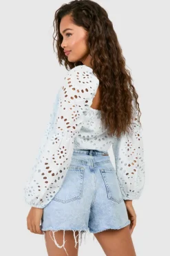 Long Sleeve Tops*boohoo Embroidery Long Sleeve Crop Top blue