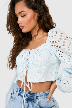 Long Sleeve Tops*boohoo Embroidery Long Sleeve Crop Top blue
