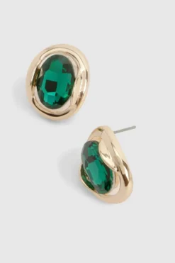 Earrings*boohoo Emerald Detail Stud Earrings gold