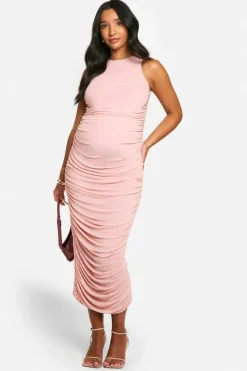 Bodycon Dresses|Maxi Dresses*boohoo Emily Shak Maternity Mesh Racer Neck Ruched Midaxi Dress pink
