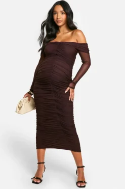 Bodycon Dresses|Long Sleeve Dresses*boohoo Emily Shak Maternity Slinky Off The Shoulder Long Sleeve Ruched Midaxi Dress chocolate