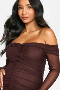 Bodycon Dresses|Long Sleeve Dresses*boohoo Emily Shak Maternity Slinky Off The Shoulder Long Sleeve Ruched Midaxi Dress chocolate