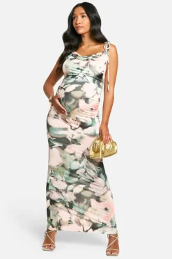 Bodycon Dresses|Maxi Dresses*boohoo Emily Shak Maternity Slinky Floral Print Cowl Neck Low Back Maxi Dress pink
