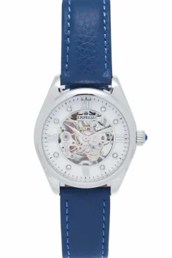 Watches*Empress Magnolia Automatic MOP Skeleton Dial Leather-Band Watch Blue