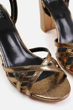 Sandals*Where's That From Erin' Mid Block Heel With Cross Over Strap Detailing Gold
