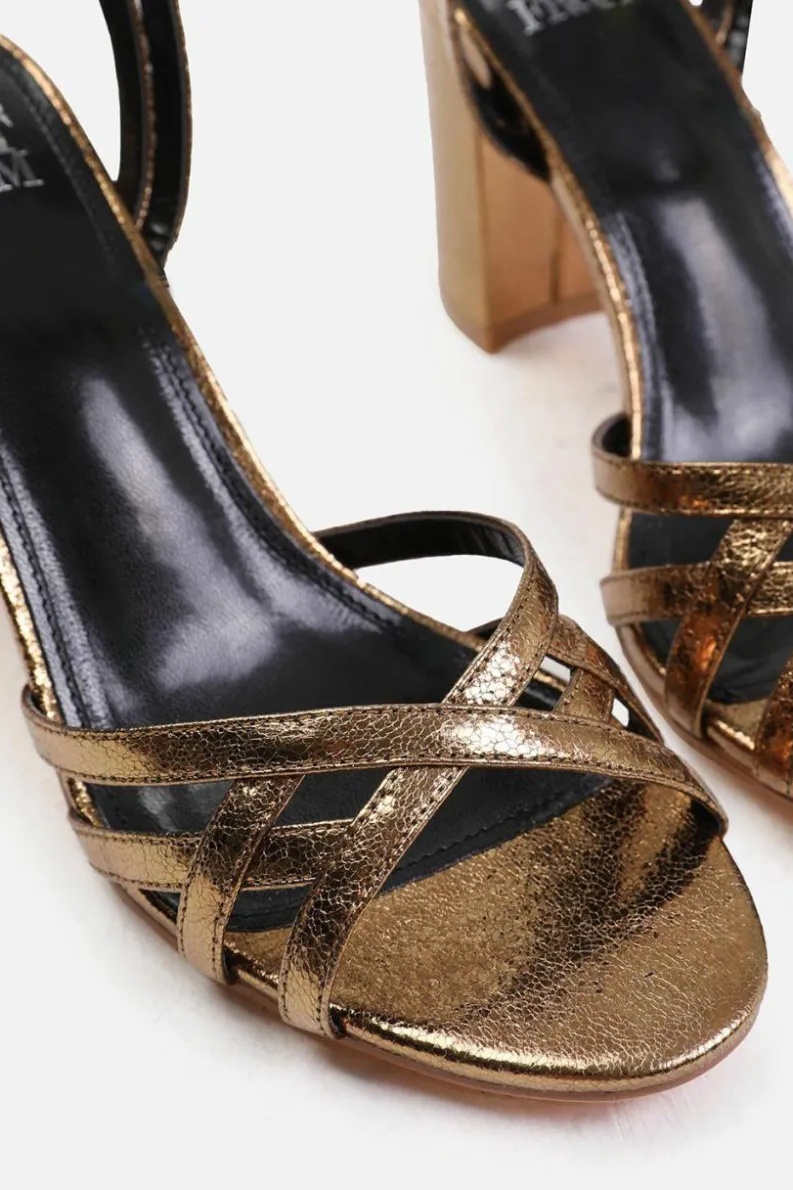 Sandals*Where's That From Erin' Wide Fit Mid Block Heel With Cross Over Strap Detailing Gold