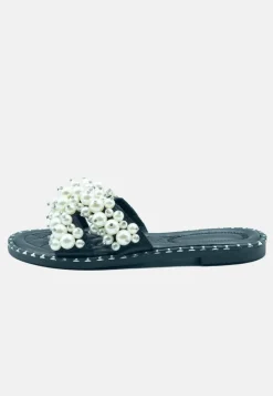 Sandals*Where's That From Eve' Pearl Flat Slider Sandals Black