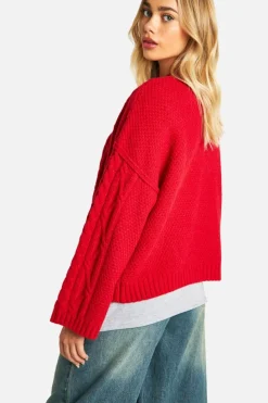 Oversized Jumpers*boohoo Exposed Seam Cable Knit Jumper red