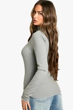 Long Sleeve Tops*boohoo Exposed Seam Long Sleeve Rib Top silver grey