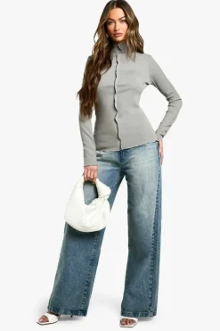 Long Sleeve Tops*boohoo Exposed Seam Long Sleeve Rib Top silver grey