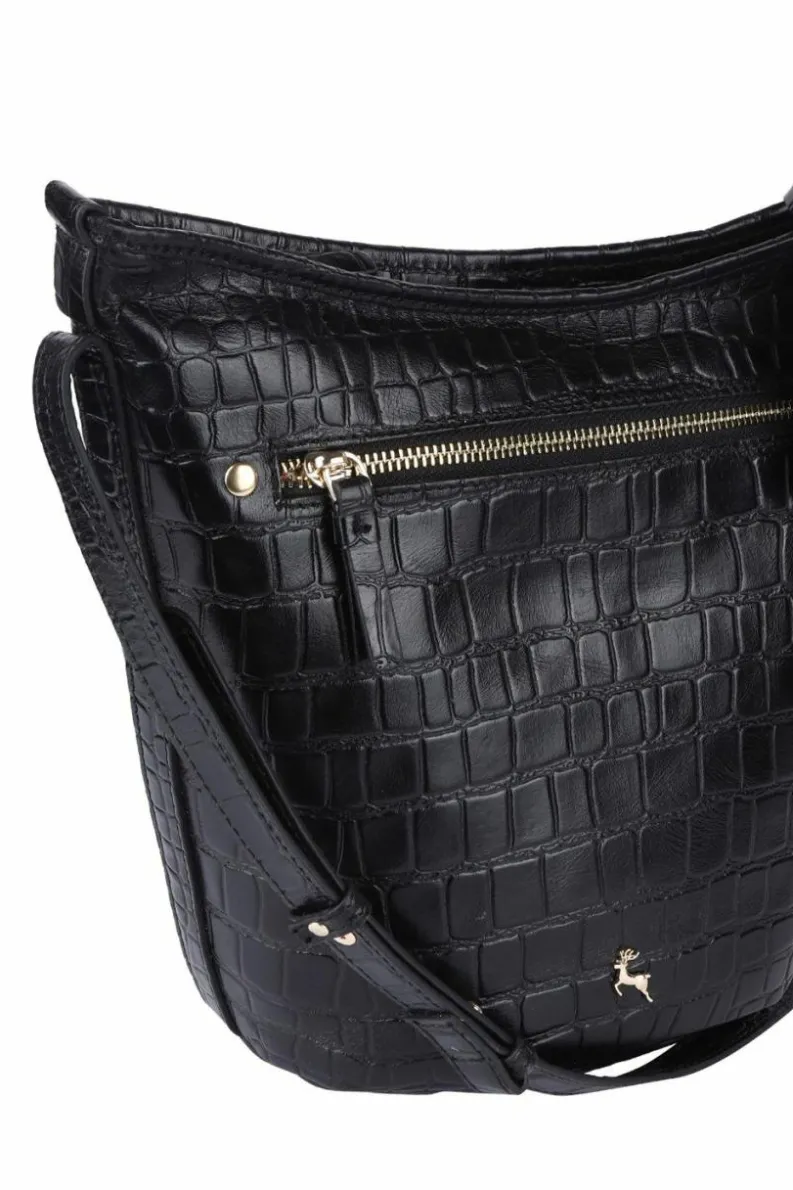 Shoulder Bags|Handbags*Ashwood Leather Expression' Croc Embossed Real Leather Shoulder Bag Black