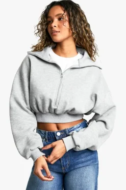 Sweatshirts|Hoodies & Sweatshirts*boohoo EXTREME COLLAR HALF ZIP CROPPED SWEATSHIRT ash grey