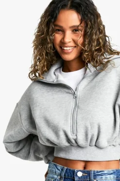 Sweatshirts|Hoodies & Sweatshirts*boohoo EXTREME COLLAR HALF ZIP CROPPED SWEATSHIRT ash grey