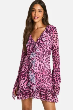 Mini Dresses|Long Sleeve Dresses*boohoo Extreme Ruffle Chiffon Leopard Shift Dress pink