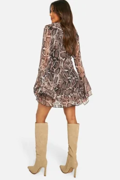 Mini Dresses|Long Sleeve Dresses*boohoo Extreme Ruffle Chiffon Snake Shift Dress brown