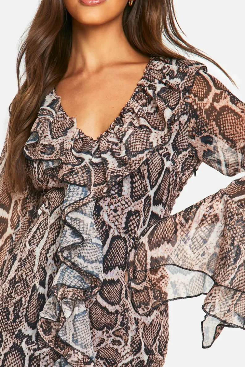 Mini Dresses|Long Sleeve Dresses*boohoo Extreme Ruffle Chiffon Snake Shift Dress brown