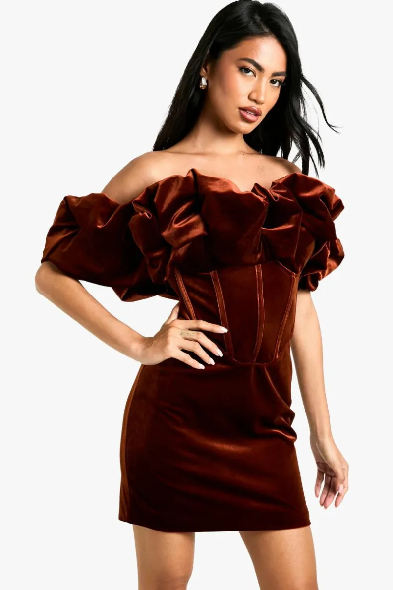Bodycon Dresses|Mini Dresses*boohoo Extreme Ruffle Velvet Mini Dress chocolate