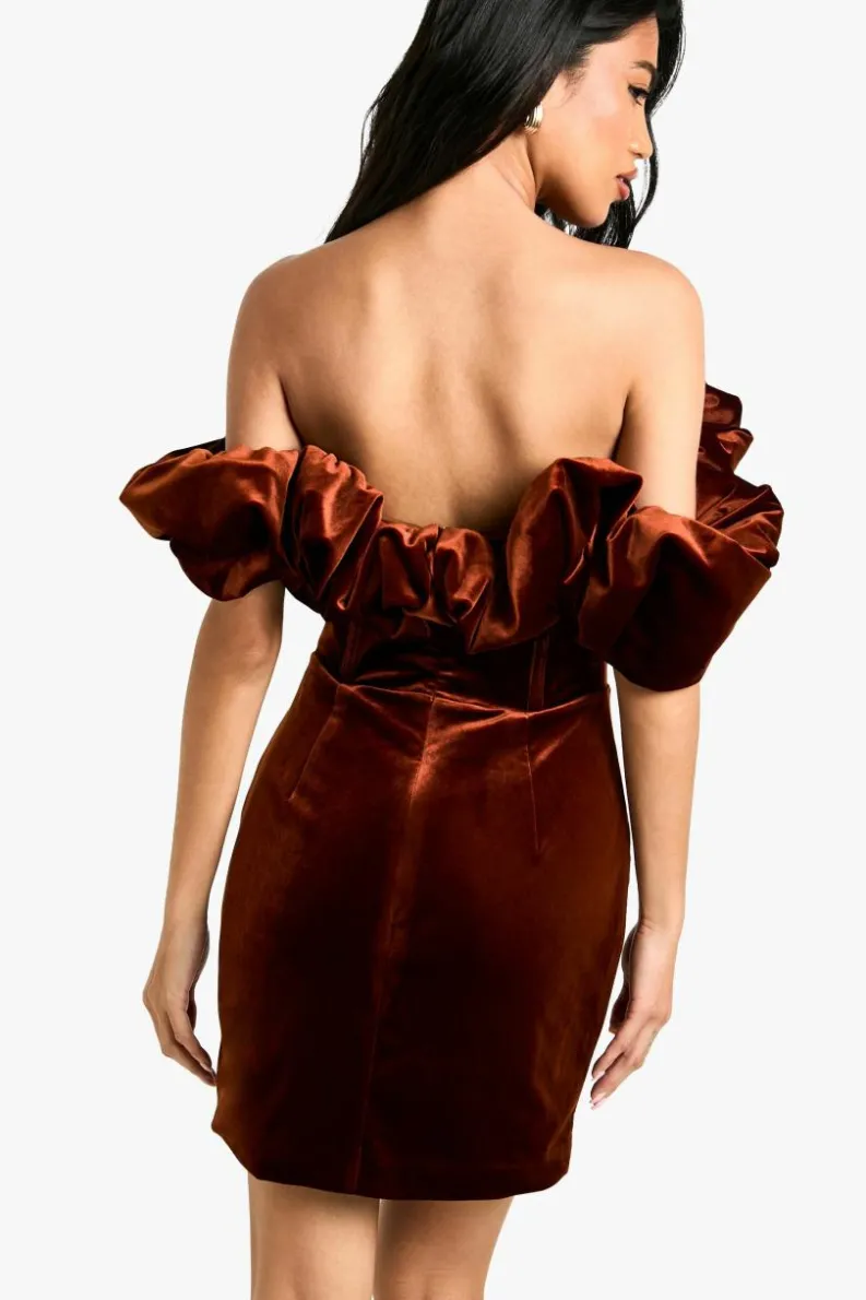Bodycon Dresses|Mini Dresses*boohoo Extreme Ruffle Velvet Mini Dress chocolate
