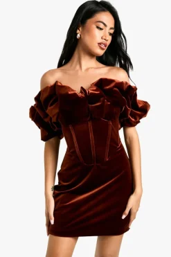 Bodycon Dresses|Mini Dresses*boohoo Extreme Ruffle Velvet Mini Dress chocolate
