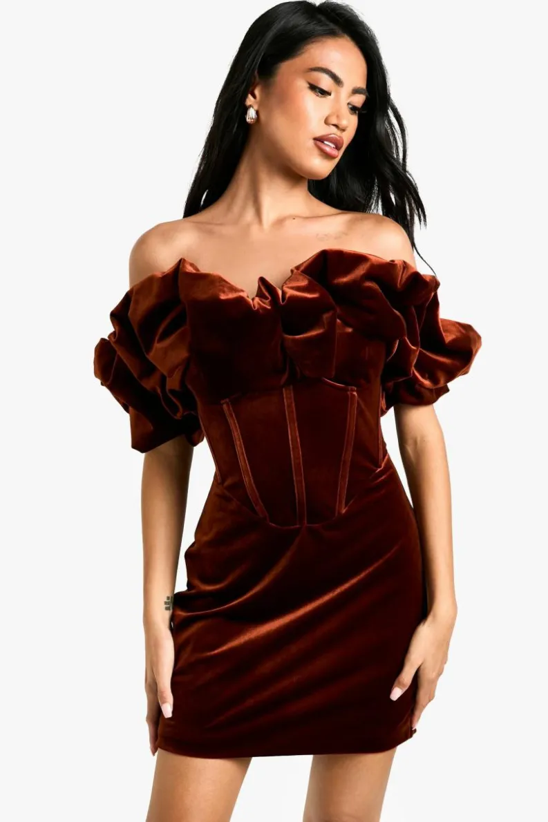 Bodycon Dresses|Mini Dresses*boohoo Extreme Ruffle Velvet Mini Dress chocolate