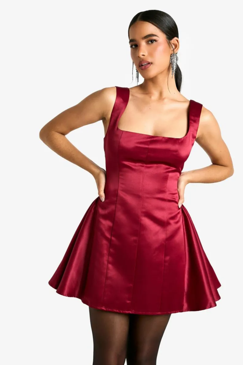 Skater Dresses*boohoo Extreme Satin Structu Square Neck Skater Dress red