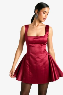 Skater Dresses*boohoo Extreme Satin Structu Square Neck Skater Dress red
