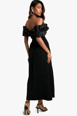 Skater Dresses*boohoo Extreme Taffeta Ruffle Bardot Structured Midaxi Skater Dress black