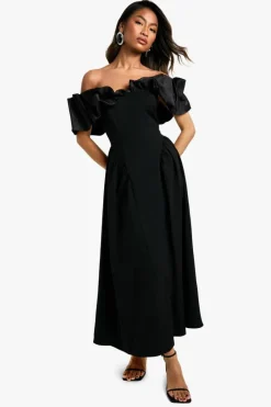 Skater Dresses*boohoo Extreme Taffeta Ruffle Bardot Structured Midaxi Skater Dress black