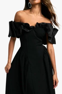 Skater Dresses*boohoo Extreme Taffeta Ruffle Bardot Structured Midaxi Skater Dress black