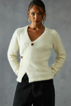 Cardigans*MissPap Eyelash Knit Asymmetric Cardigan cream