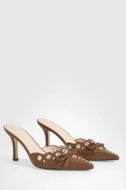 Heels*boohoo Eyelet Bow Backless Court Shoes chocolate