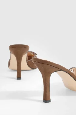Heels*boohoo Eyelet Bow Backless Court Shoes chocolate