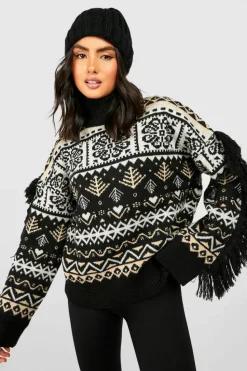 Oversized Jumpers*boohoo Fairisle Knitted Jumper With Fringing black
