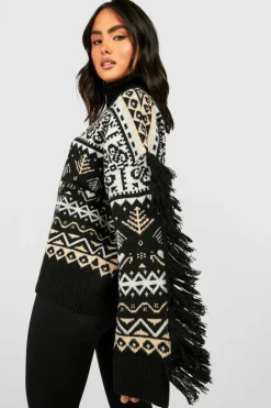 Oversized Jumpers*boohoo Fairisle Knitted Jumper With Fringing black