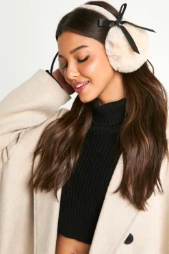 Earmuffs*boohoo Faux Fur Bow Detail Earmuffs beige