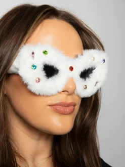 Sunglasses*SVNX Faux Fur Cateye Sunglasses with Multicoloured Gems White