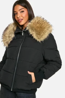 Up To 80% Off Winter Warmers|Puffer Jackets*boohoo Faux Fur Collar Puffer Jacket black