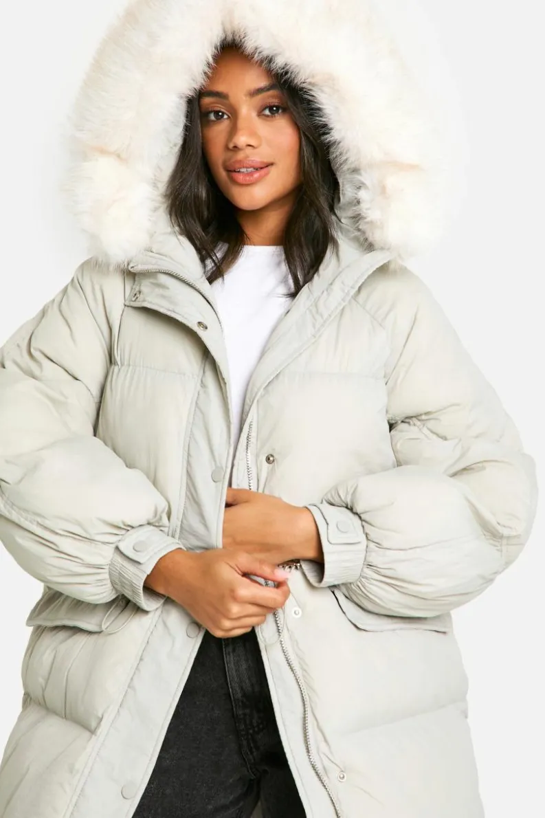 Up To 80% Off Winter Warmers|Parkas*boohoo Faux Fur Hood Padded Parka stone