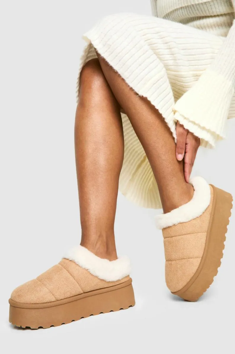 Cosy Boots|All Boots*boohoo Faux Fur Platform Cosy Mules sand