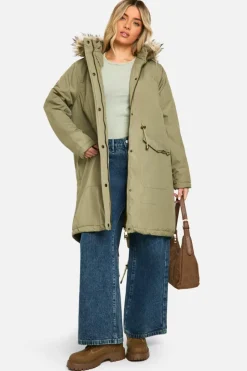 Up To 80% Off Winter Warmers|Parkas*boohoo Faux Fur Trim Parka khaki