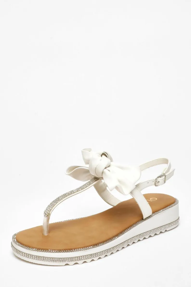 Sandals*Quiz Faux Leather Bow Flat Sandals White