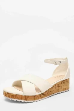 Sandals*Quiz Faux Leather Cross Strap Low Wedges White