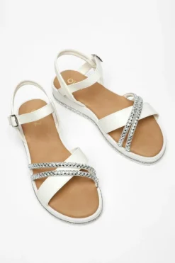 Sandals*Quiz Faux Leather Diamante Cross Strap Sandals White