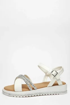 Sandals*Quiz Faux Leather Diamante Cross Strap Sandals White